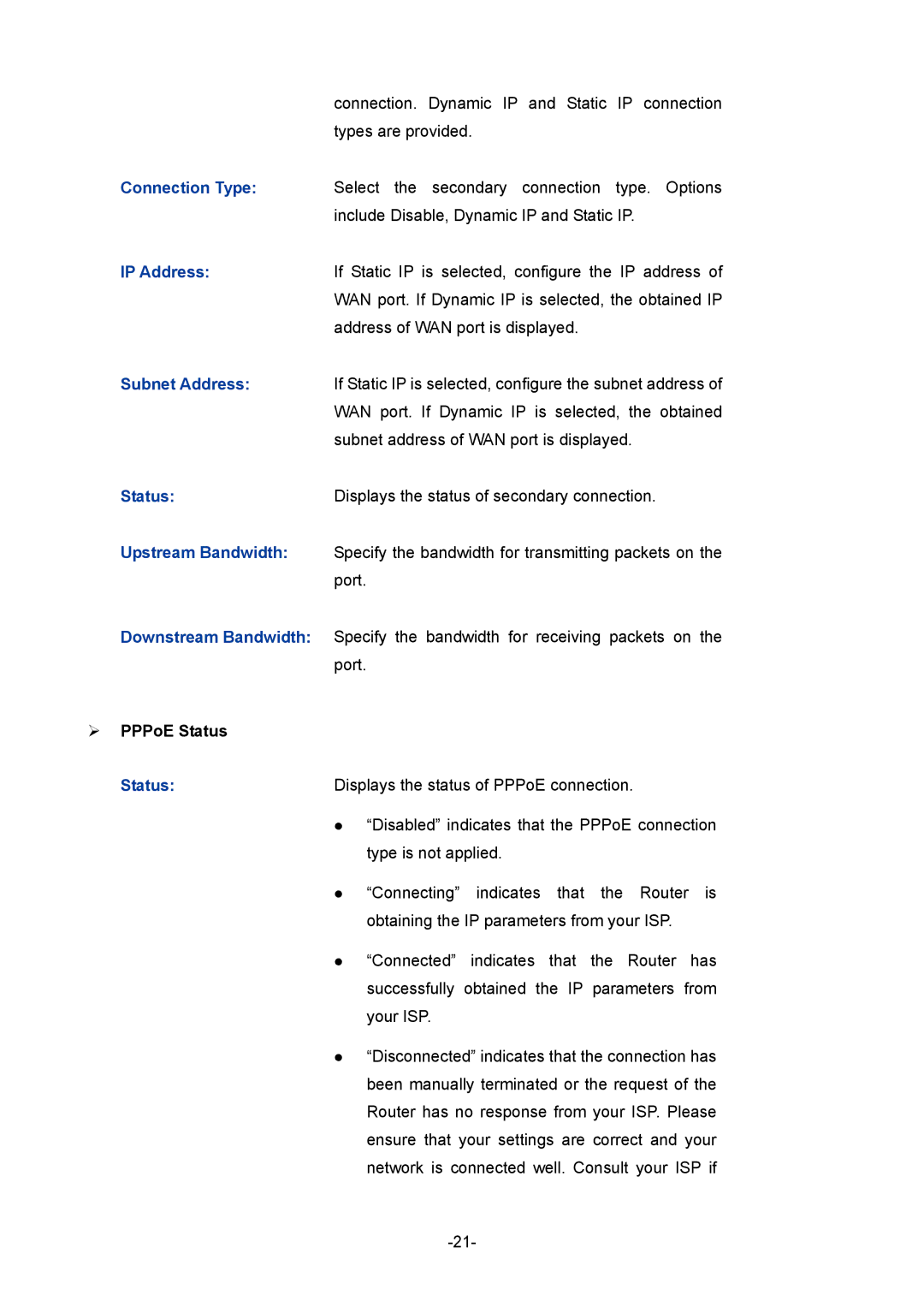 TP-Link TL-ER5120 manual Subnet Address, Downstream Bandwidth, ¾ PPPoE Status 