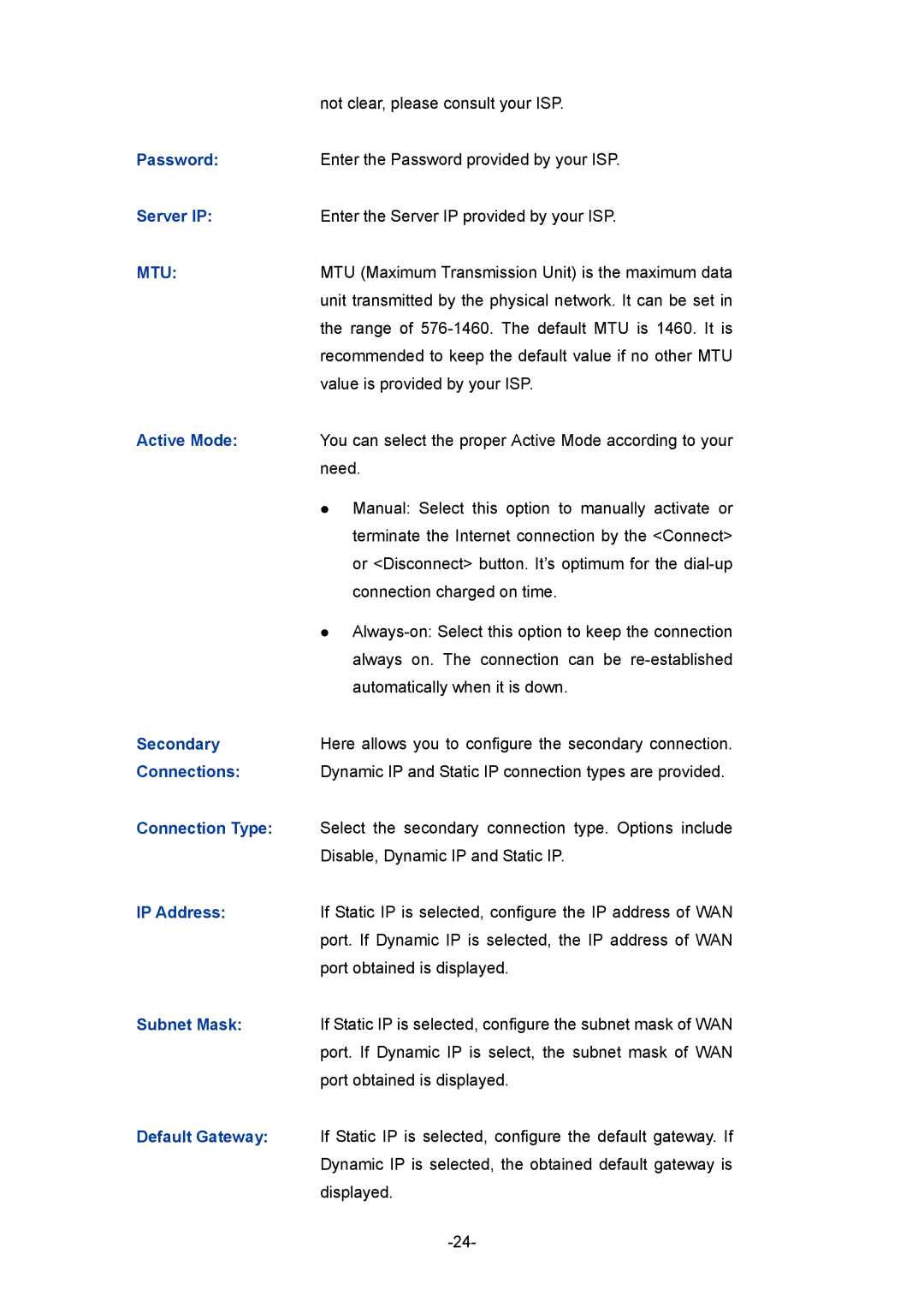 TP-Link TL-ER5120 manual Server IP, Secondary, Connections, Subnet Mask, Default Gateway 