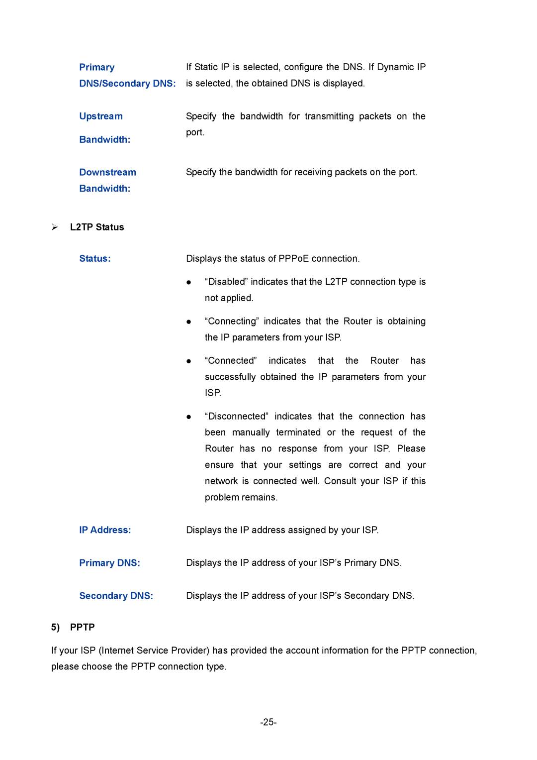 TP-Link TL-ER5120 manual Primary DNS/Secondary DNS Upstream Bandwidth Downstream, ¾ L2TP Status 