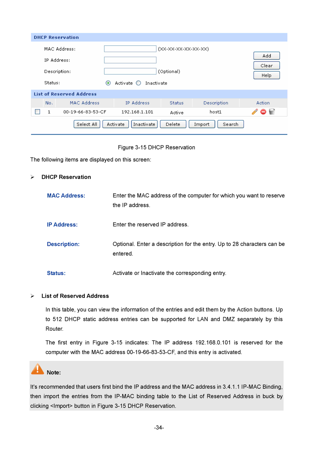 TP-Link TL-ER5120 manual ¾ Dhcp Reservation, ¾ List of Reserved Address 