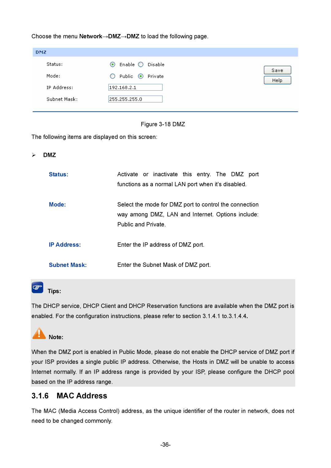 TP-Link TL-ER5120 manual MAC Address, ¾ DMZ, Mode 