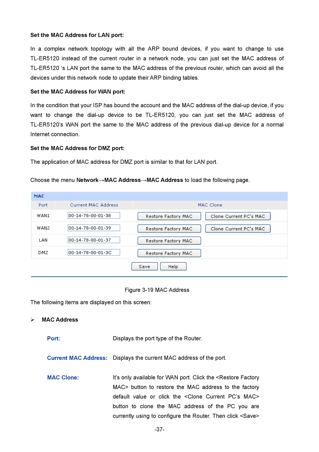 TP-Link TL-ER5120 Set the MAC Address for LAN port, Set the MAC Address for WAN port, Set the MAC Address for DMZ port 