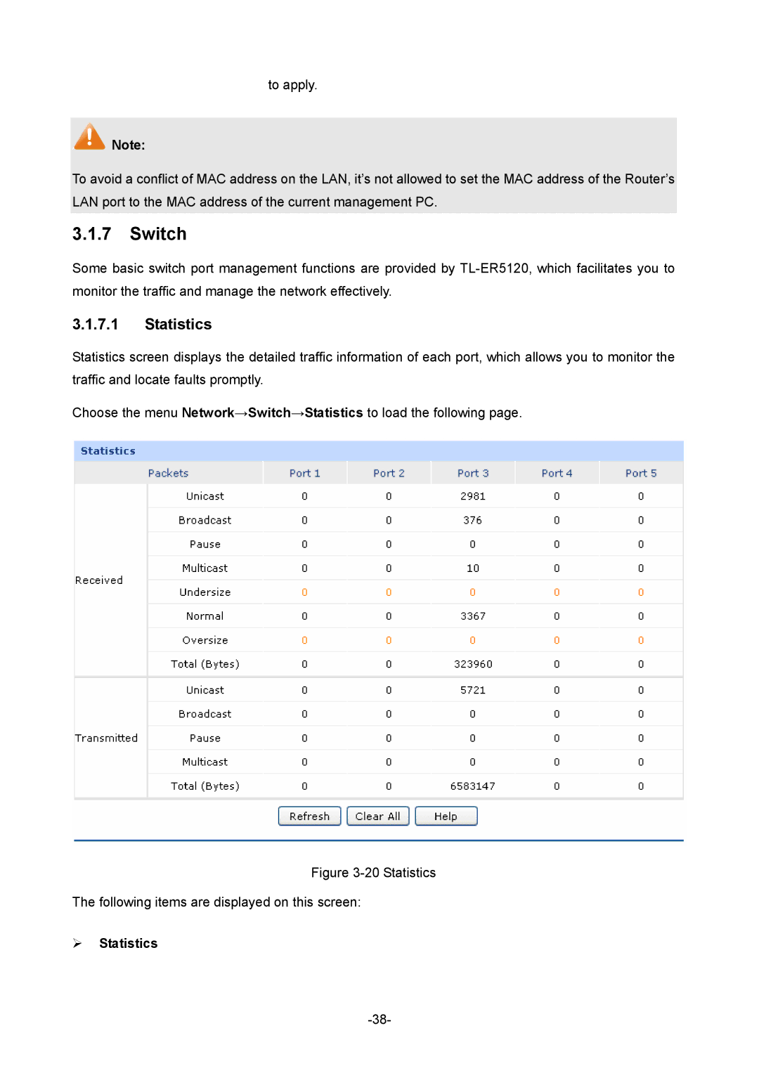 TP-Link TL-ER5120 manual Switch, ¾ Statistics 