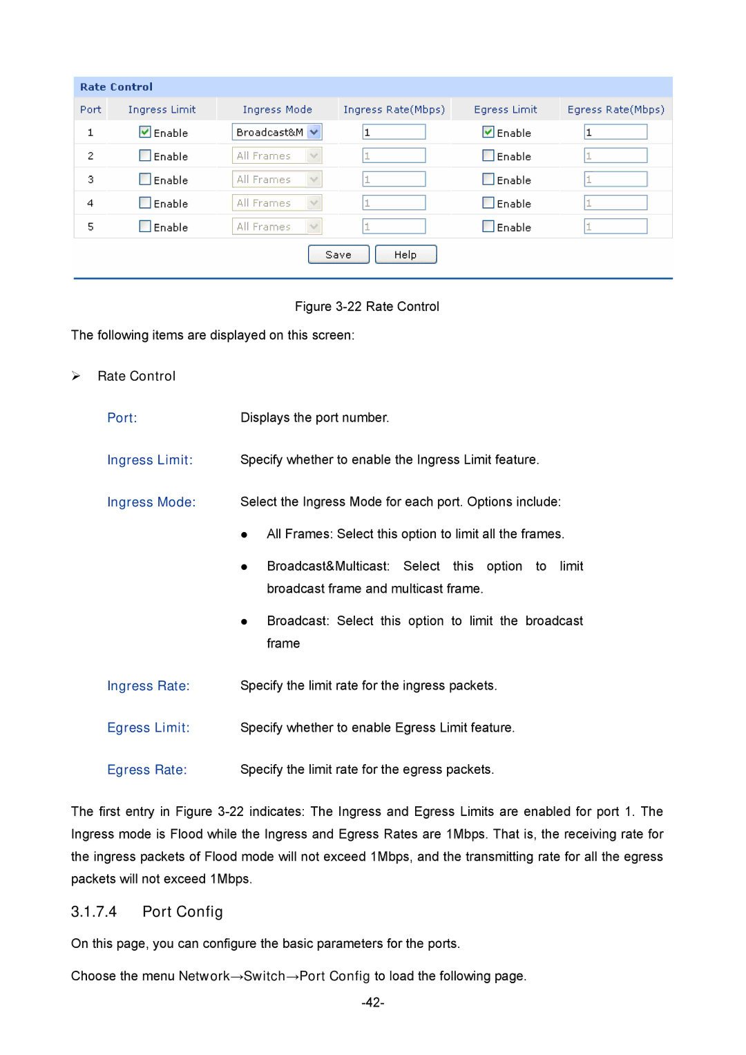 TP-Link TL-ER5120 manual Port Config, ¾ Rate Control 