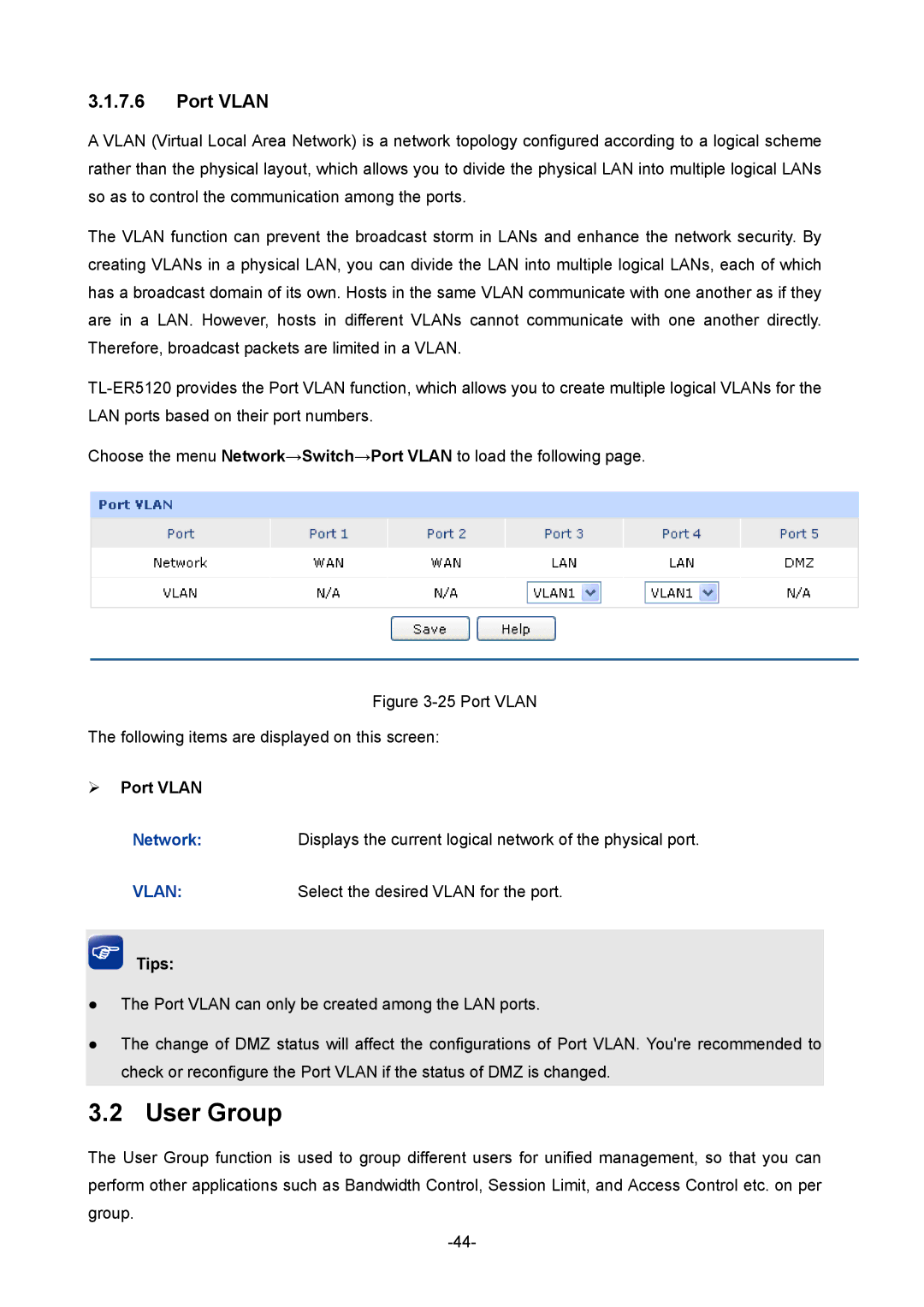 TP-Link TL-ER5120 manual User Group, ¾ Port Vlan 