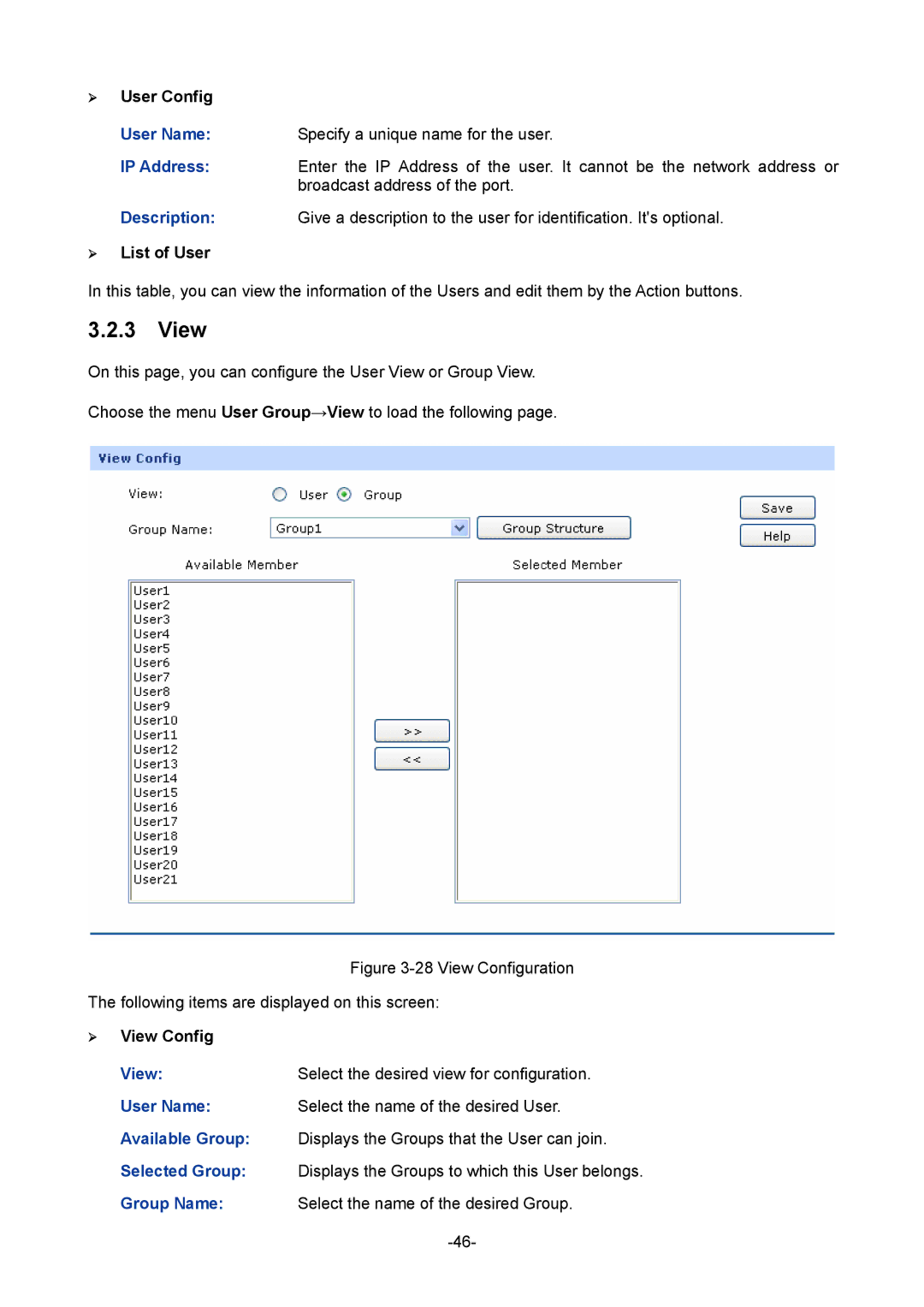 TP-Link TL-ER5120 manual View, ¾ User Config, ¾ List of User, Group Name Select the name of the desired Group 