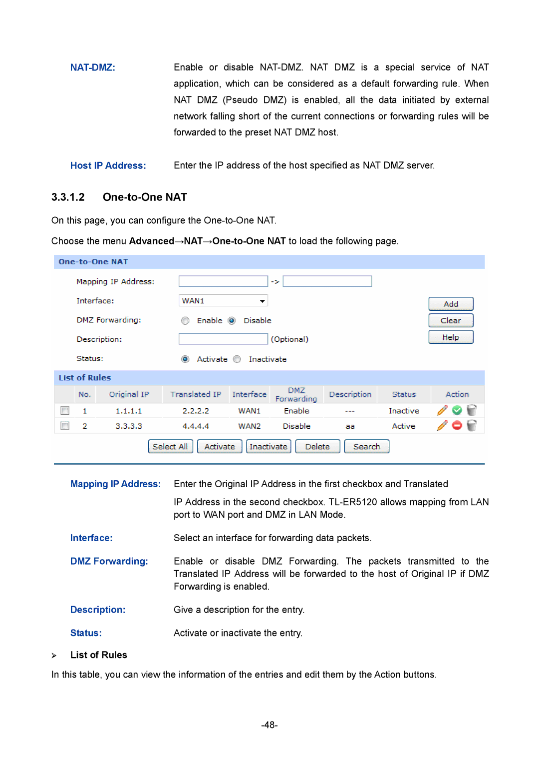 TP-Link TL-ER5120 manual One-to-One NAT, Mapping IP Address, Interface, DMZ Forwarding, Description 