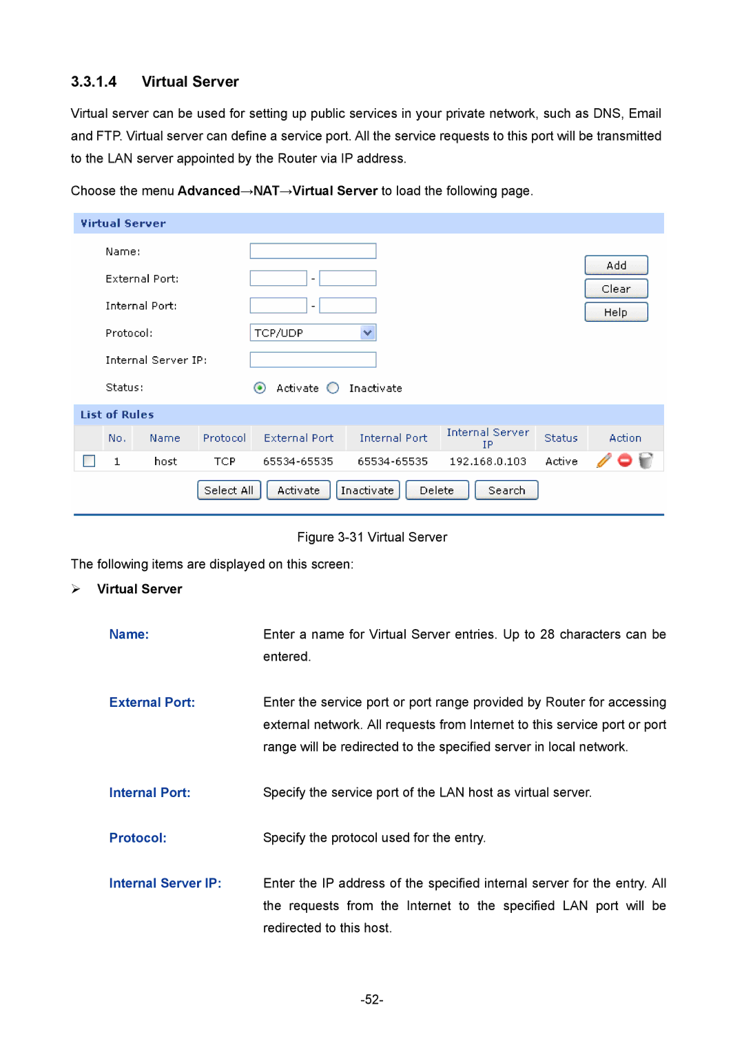 TP-Link TL-ER5120 manual ¾ Virtual Server, Protocol 