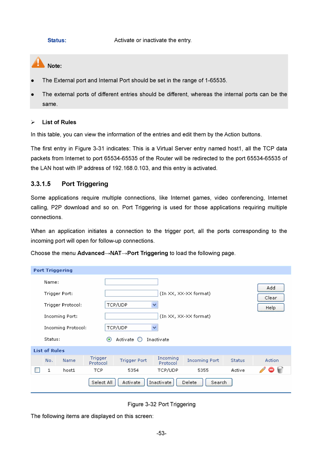 TP-Link TL-ER5120 manual Port Triggering, Status 