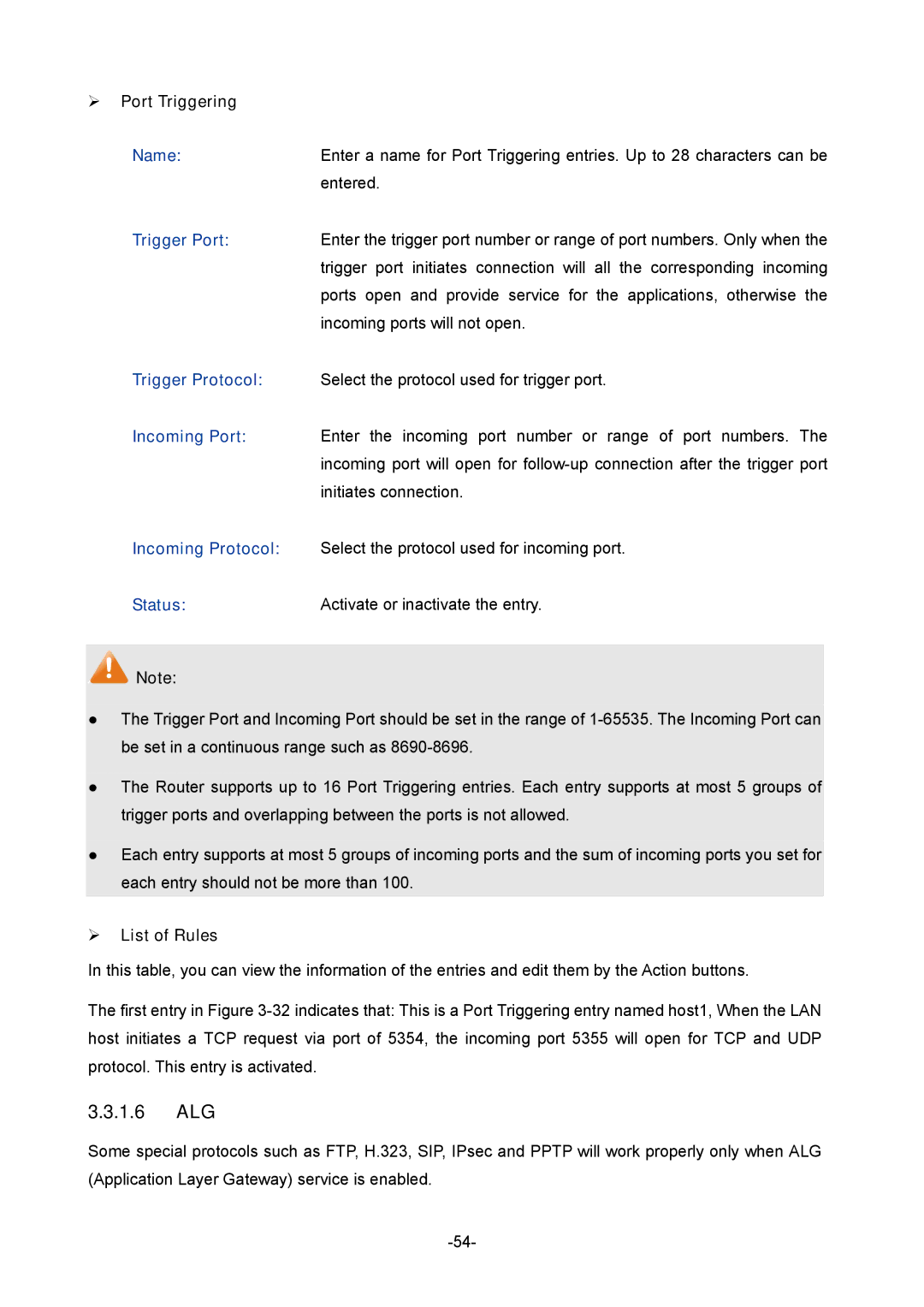 TP-Link TL-ER5120 manual 1.6 ALG, ¾ Port Triggering 