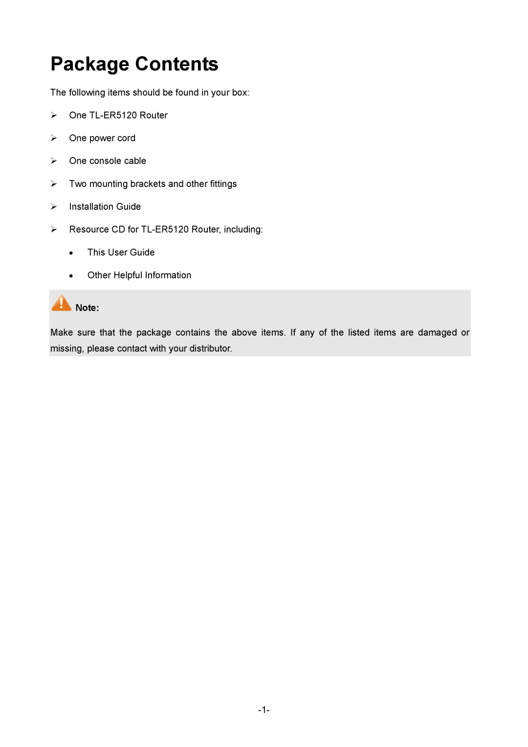 TP-Link TL-ER5120 manual Package Contents 