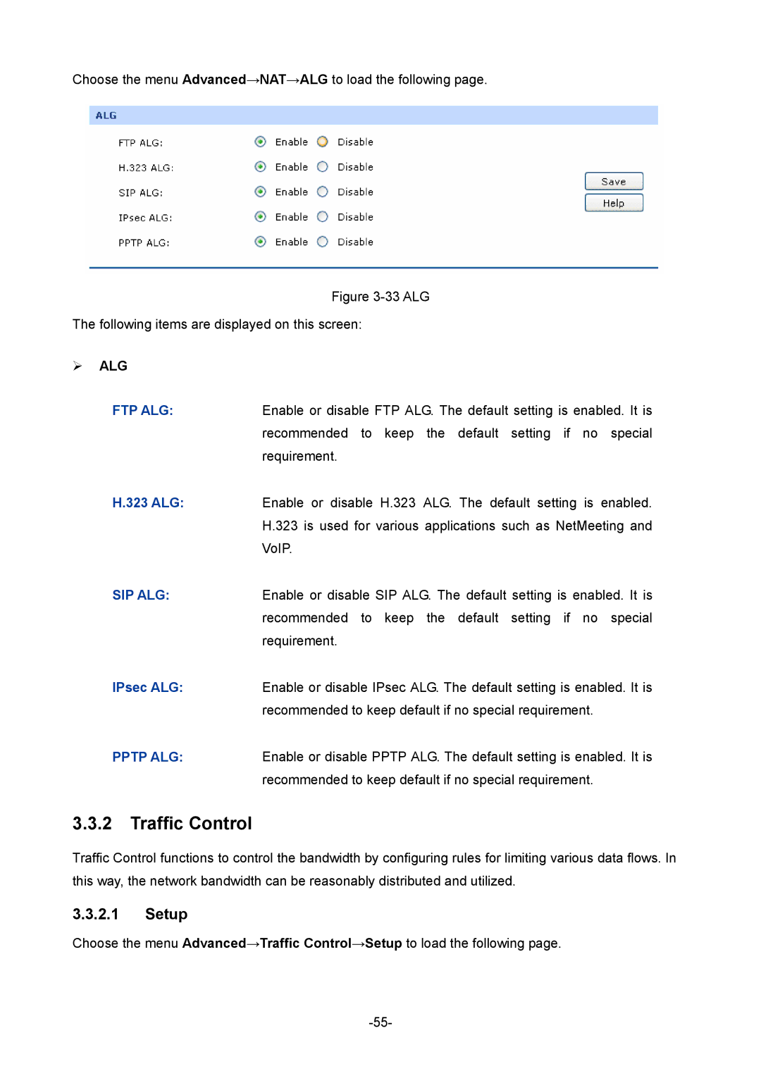 TP-Link TL-ER5120 manual Traffic Control, Setup, ¾ ALG, 323 ALG, IPsec ALG 