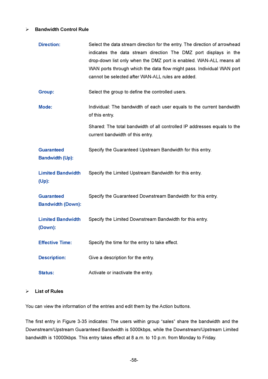 TP-Link TL-ER5120 manual Direction, Group, Guaranteed, Bandwidth Up Limited Bandwidth, Bandwidth Down Limited Bandwidth 