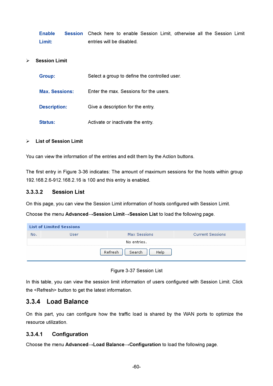 TP-Link TL-ER5120 manual Load Balance, Session List, Configuration, ¾ Session Limit, ¾ List of Session Limit 