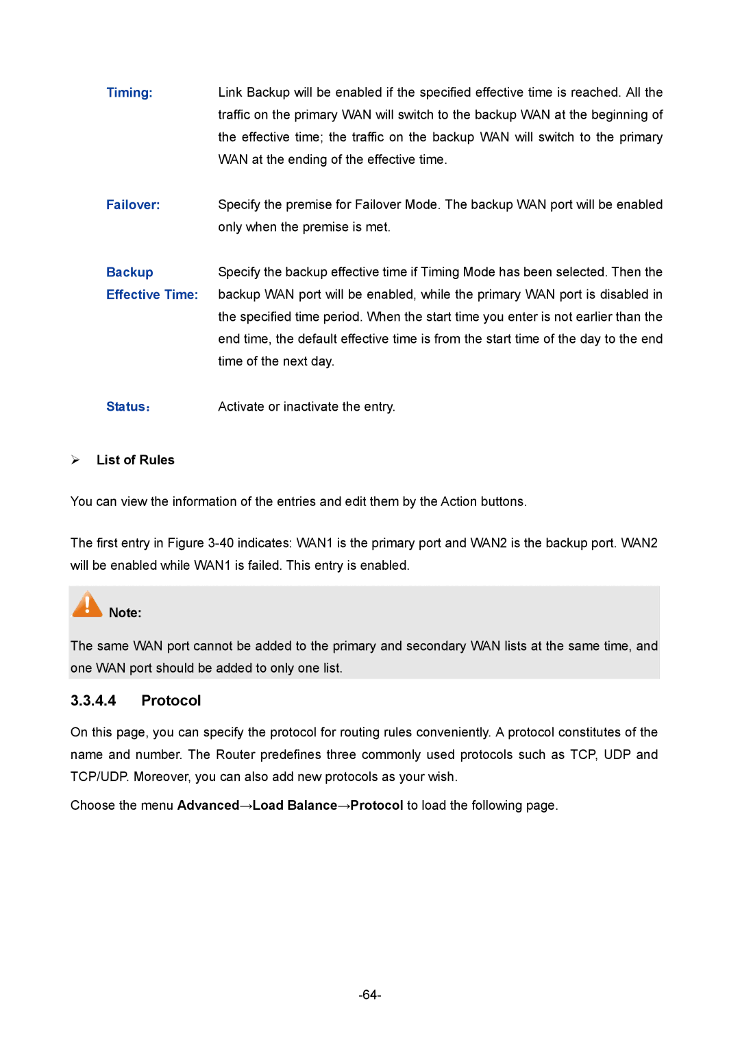 TP-Link TL-ER5120 manual Protocol, Timing, Failover, Backup, Status ： 