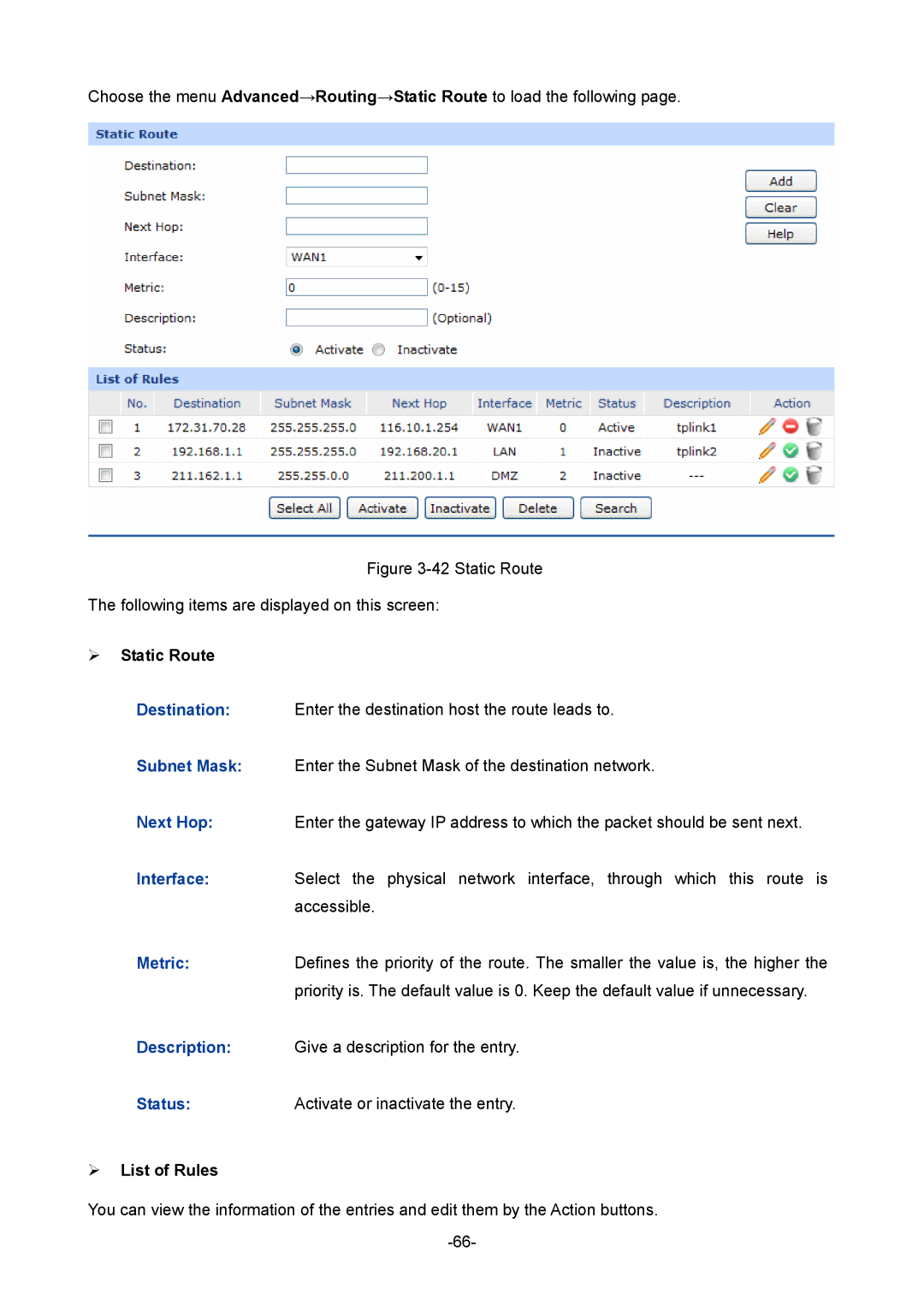 TP-Link TL-ER5120 manual ¾ Static Route, Metric Description Status 