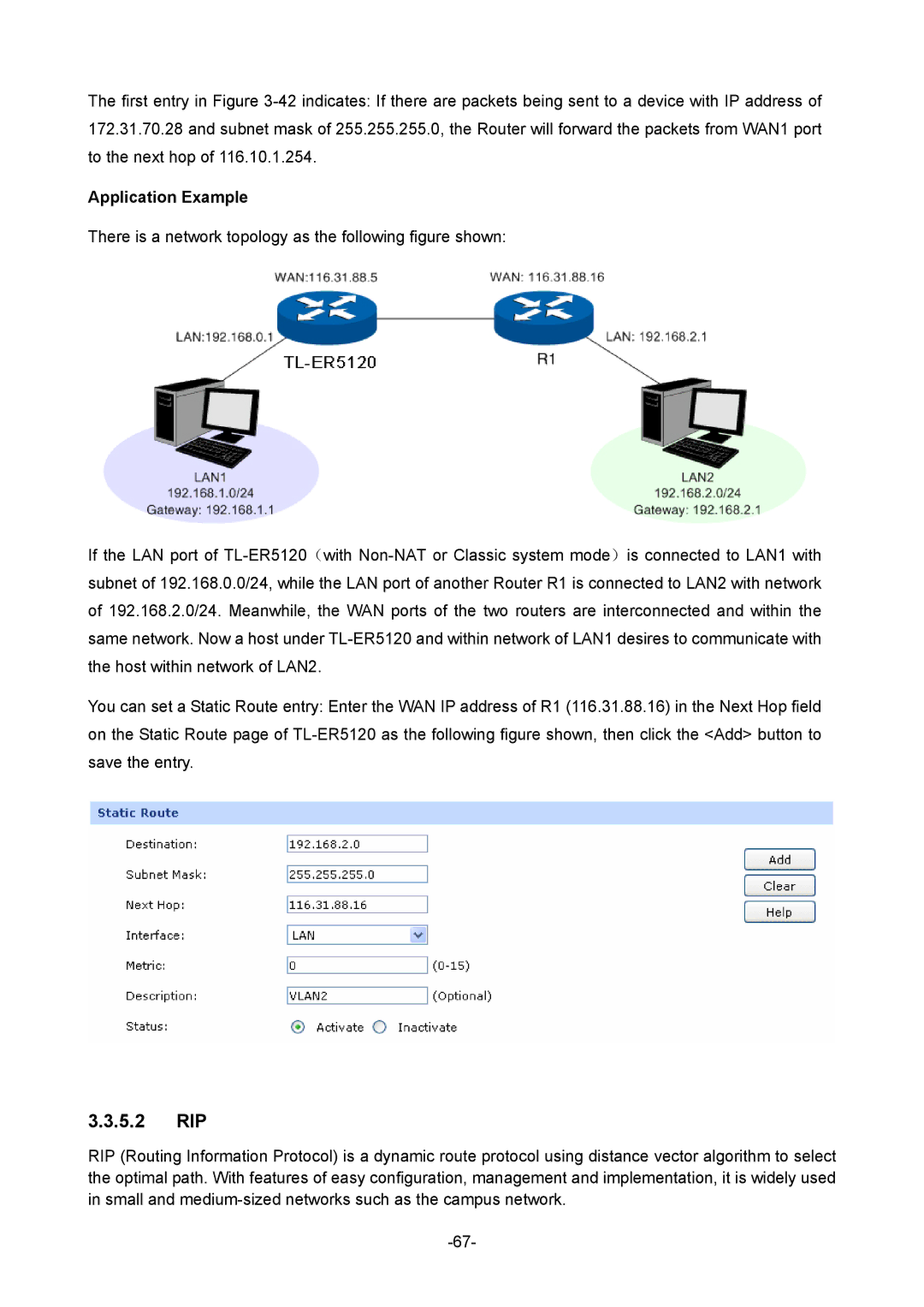 TP-Link TL-ER5120 manual 5.2 RIP, Application Example 