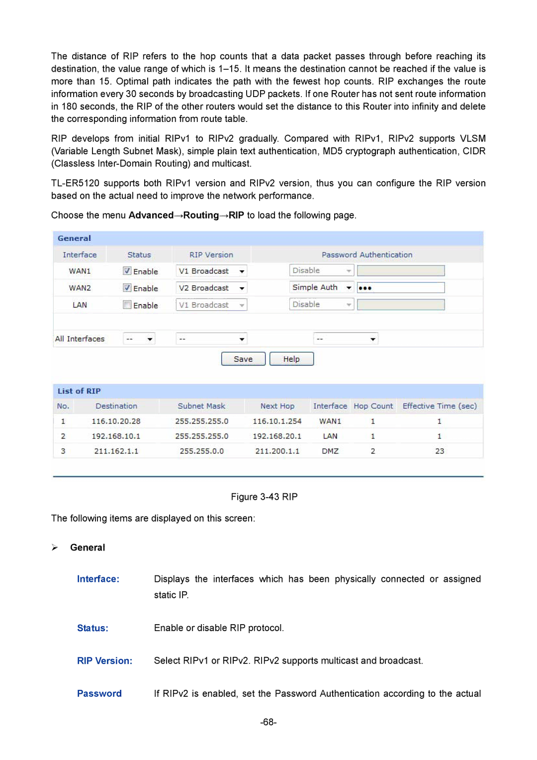 TP-Link TL-ER5120 manual RIP Following items are displayed on this screen 