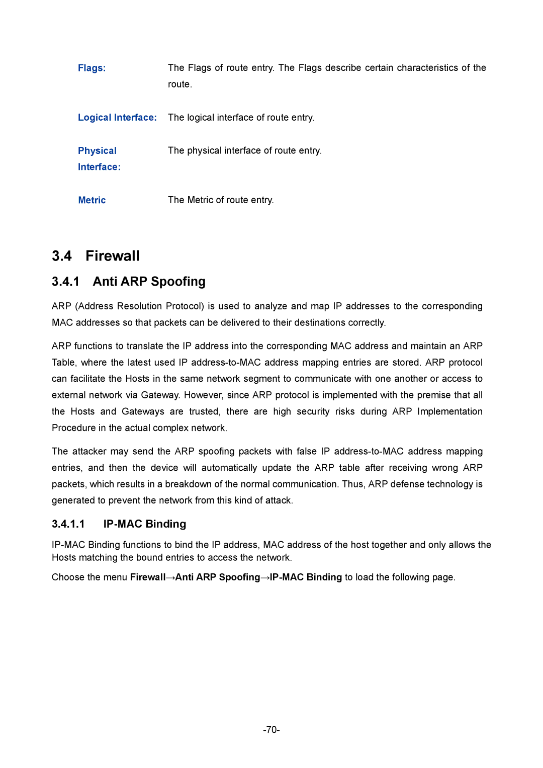 TP-Link TL-ER5120 manual Firewall, Anti ARP Spoofing, IP-MAC Binding 