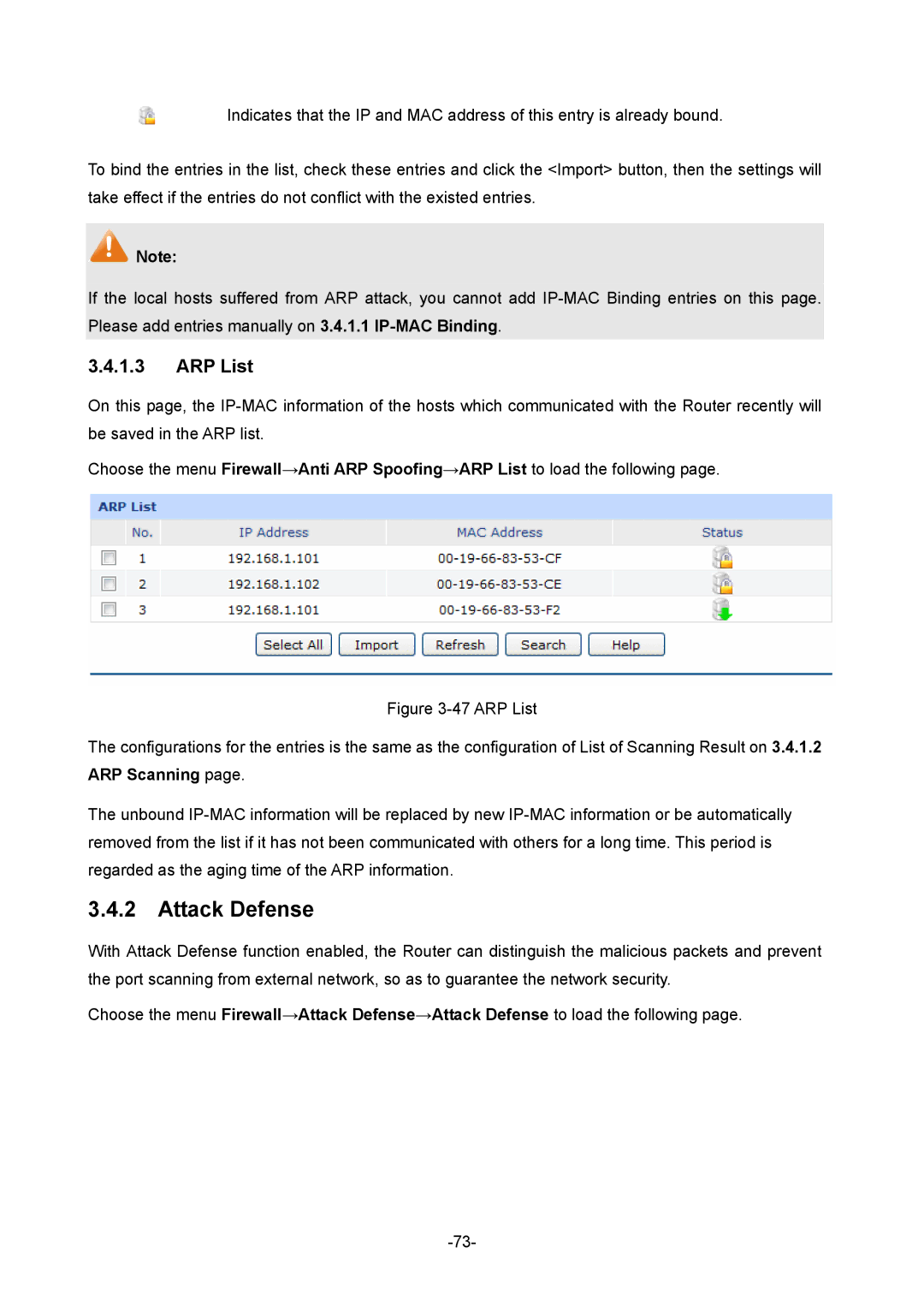 TP-Link TL-ER5120 manual Attack Defense, ARP List 