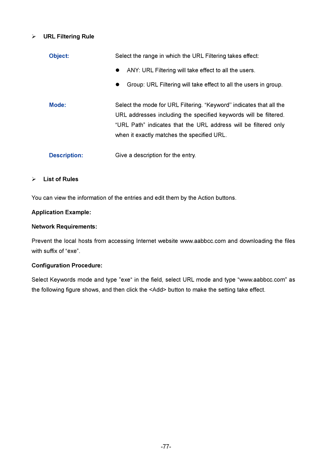 TP-Link TL-ER5120 manual ¾ URL Filtering Rule, Object 