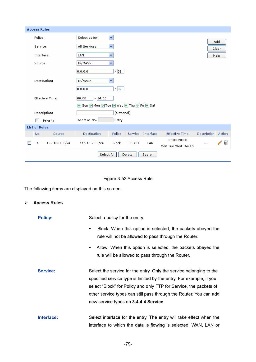 TP-Link TL-ER5120 manual ¾ Access Rules, Policy, Service 