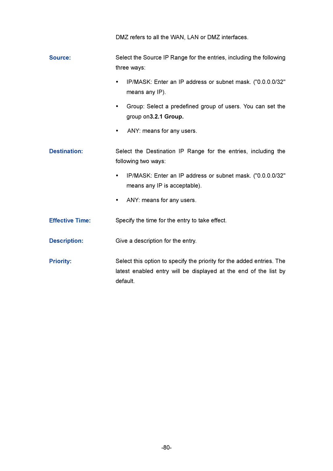 TP-Link TL-ER5120 manual Source, Group on3.2.1 Group, Destination, Priority 