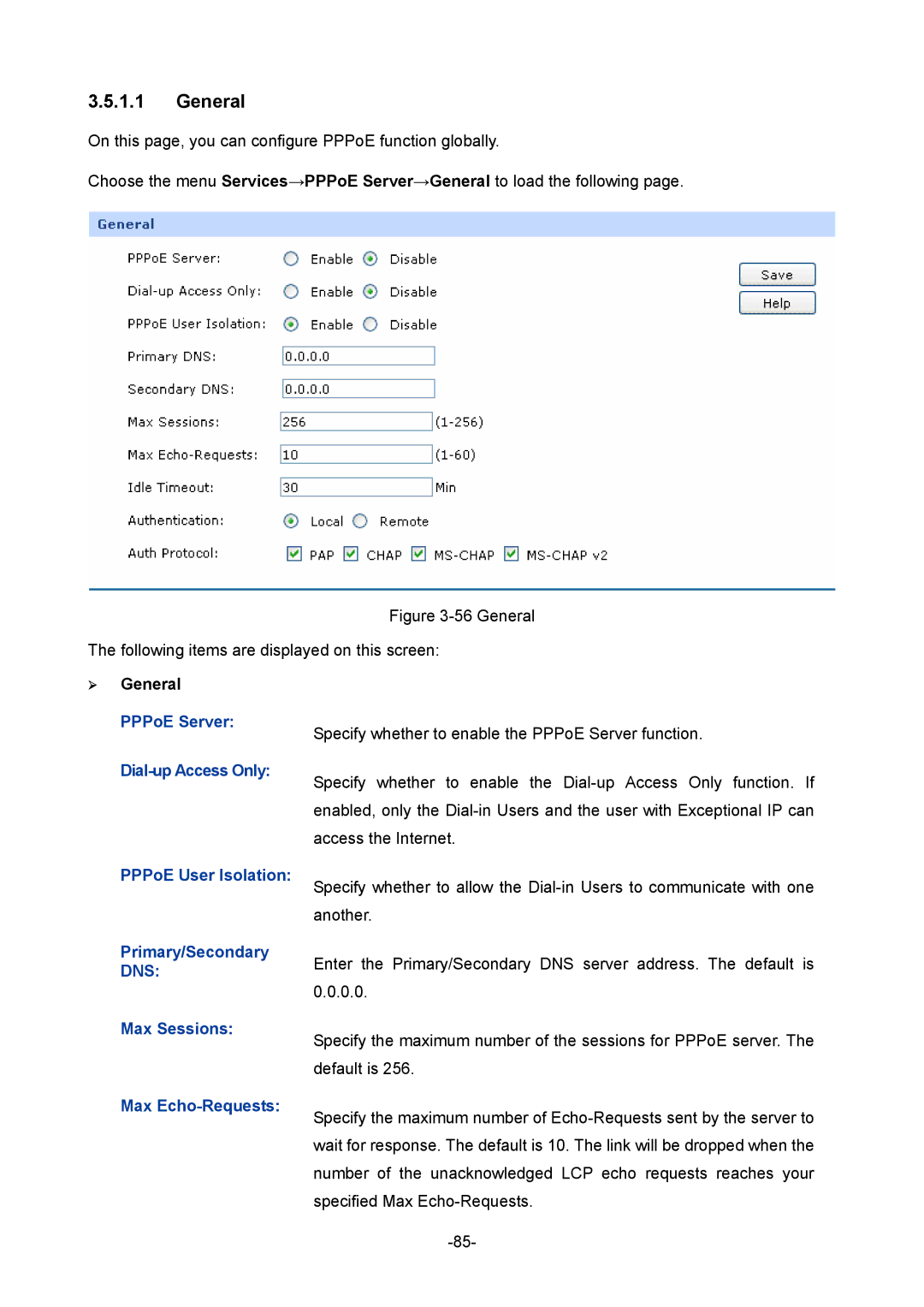 TP-Link TL-ER5120 manual General, PPPoE User Isolation, Primary/Secondary, Max Sessions, Max Echo-Requests 