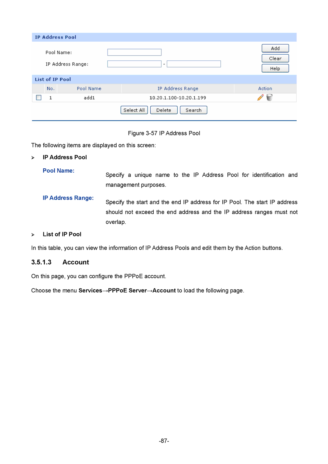 TP-Link TL-ER5120 manual Account, ¾ IP Address Pool, Pool Name, IP Address Range, ¾ List of IP Pool 