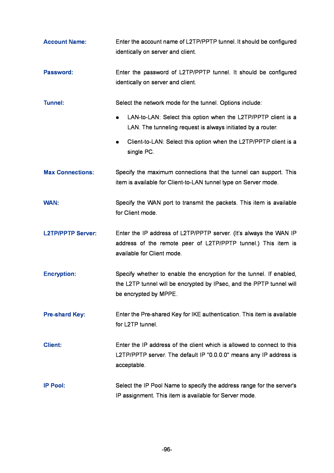 TP-Link TL-ER6020 manual Enter the account name of L2TP/PPTP tunnel. It should be configured 