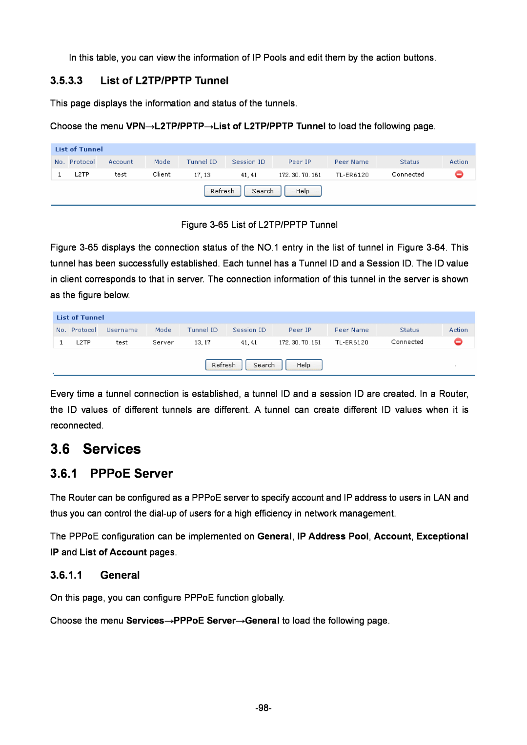 TP-Link TL-ER6020 manual Services, PPPoE Server, List of L2TP/PPTP Tunnel, General 