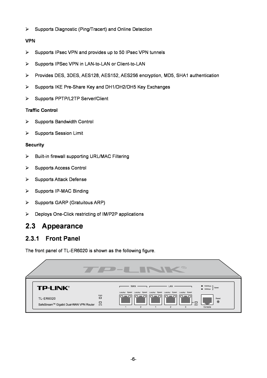 TP-Link TL-ER6020 manual Appearance, Front Panel, Traffic Control, Security 