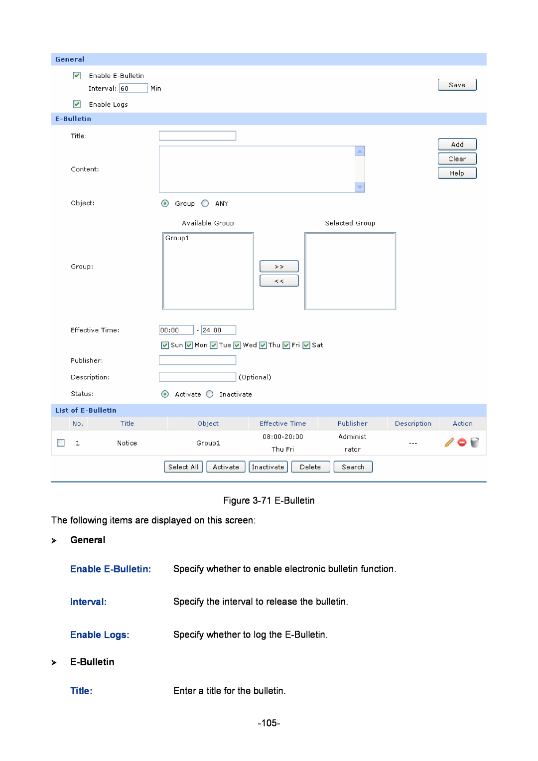 TP-Link TL-ER6020 manual  E-Bulletin,  General, Interval, Title, Specify the interval to release the bulletin 