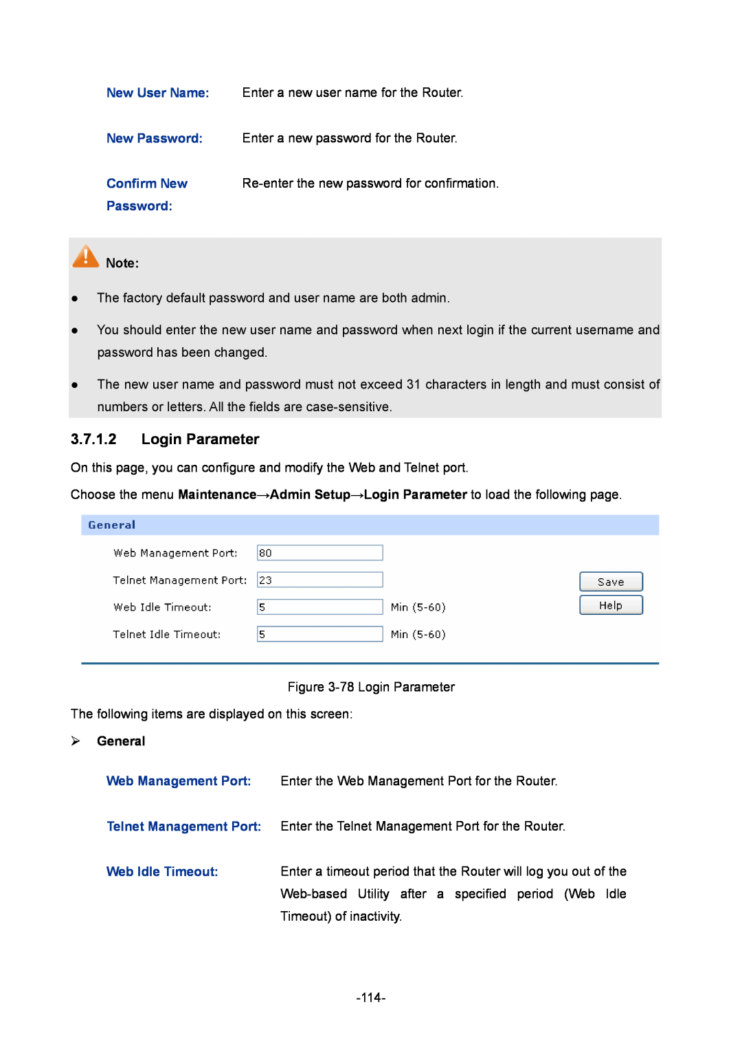 TP-Link TL-ER6020 manual Login Parameter,  General, Re-enter the new password for confirmation 