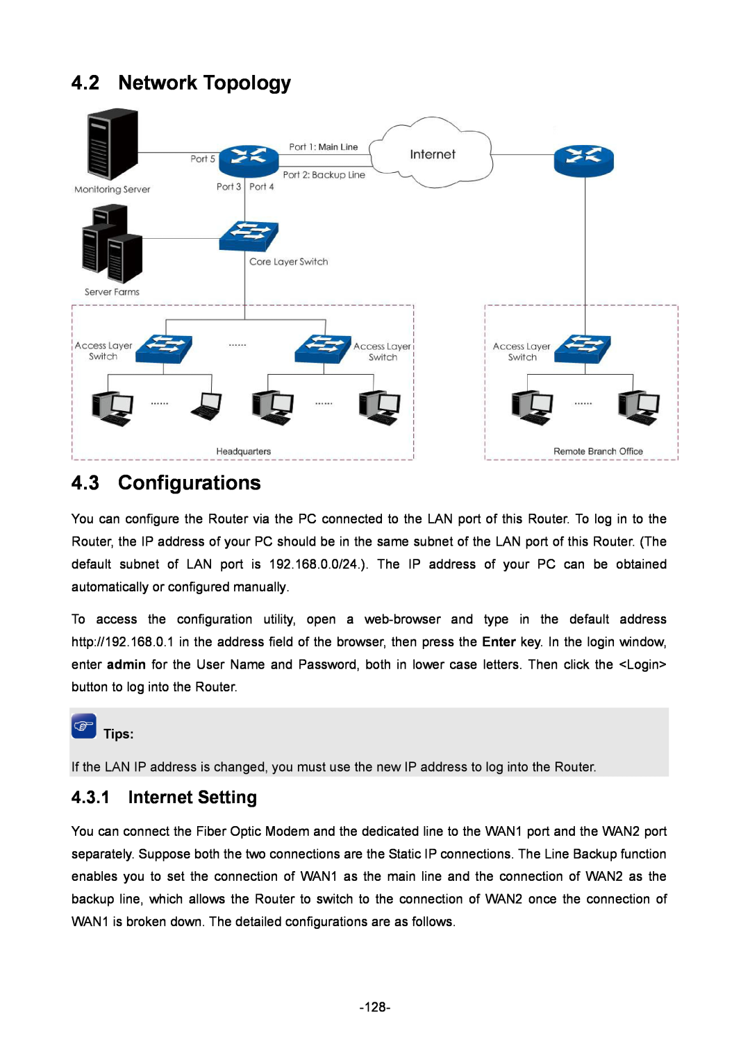TP-Link TL-ER6020 manual Network Topology 4.3 Configurations, Internet Setting, Tips 