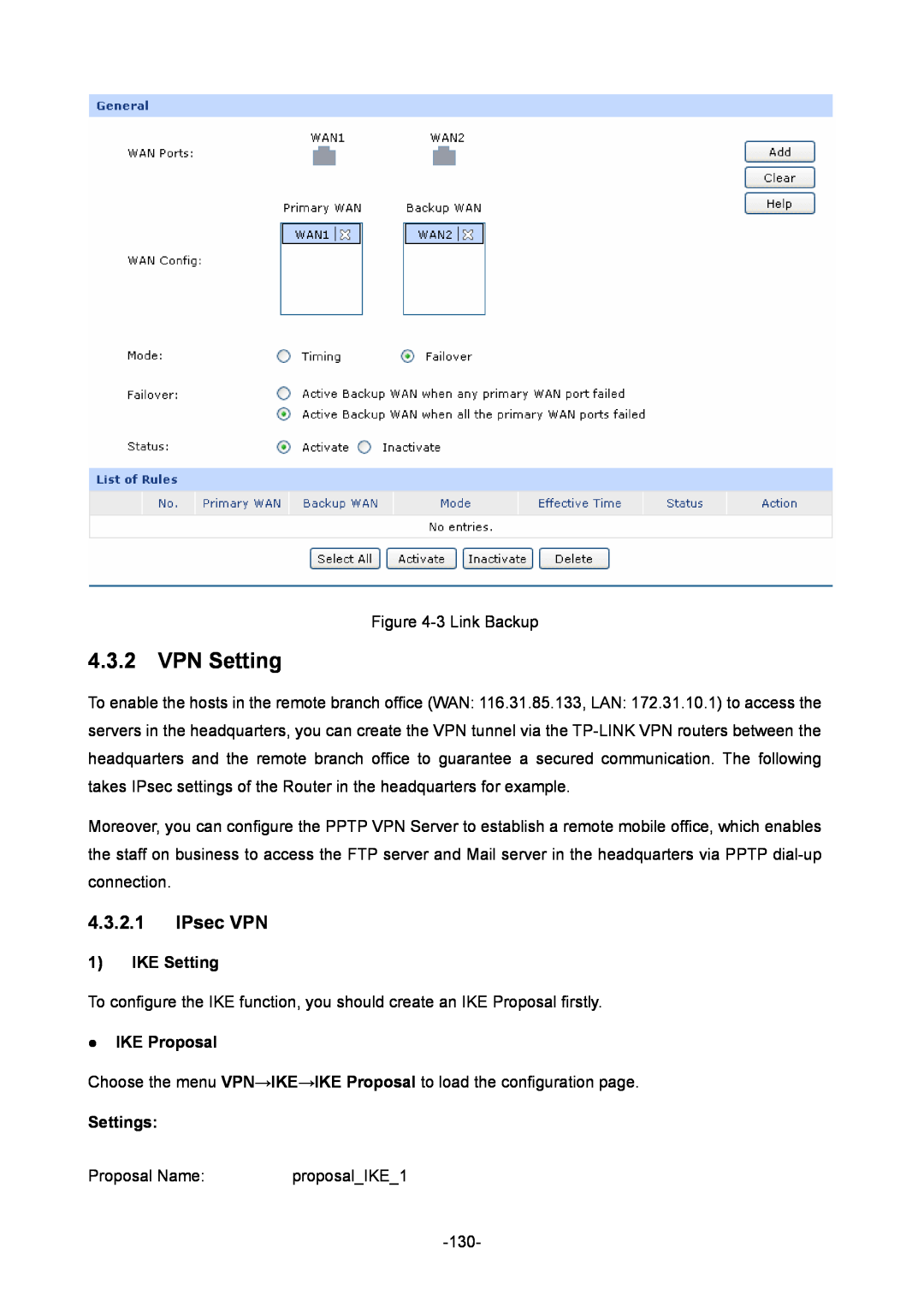 TP-Link TL-ER6020 manual VPN Setting, IPsec VPN, IKE Setting,  IKE Proposal, Settings 
