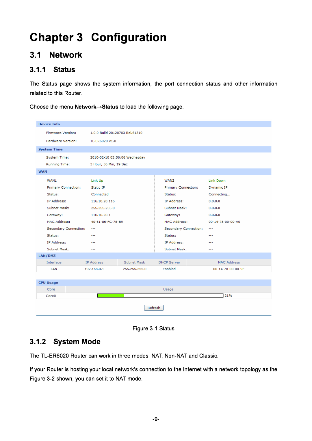 TP-Link TL-ER6020 manual Configuration, Network, Status, System Mode 