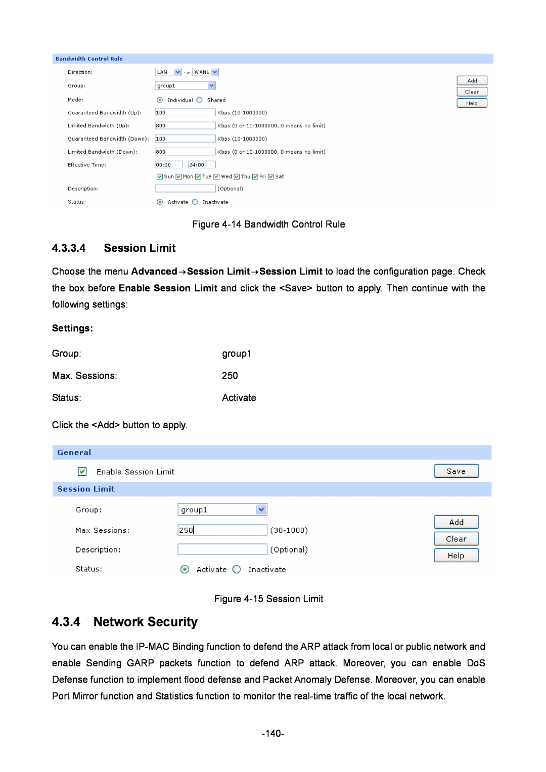 TP-Link TL-ER6020 manual Network Security, Session Limit, Settings 