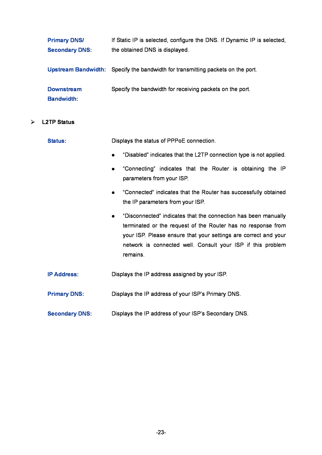 TP-Link TL-ER6020 manual  L2TP Status, Primary DNS, Secondary DNS, Upstream Bandwidth, Downstream, IP Address 