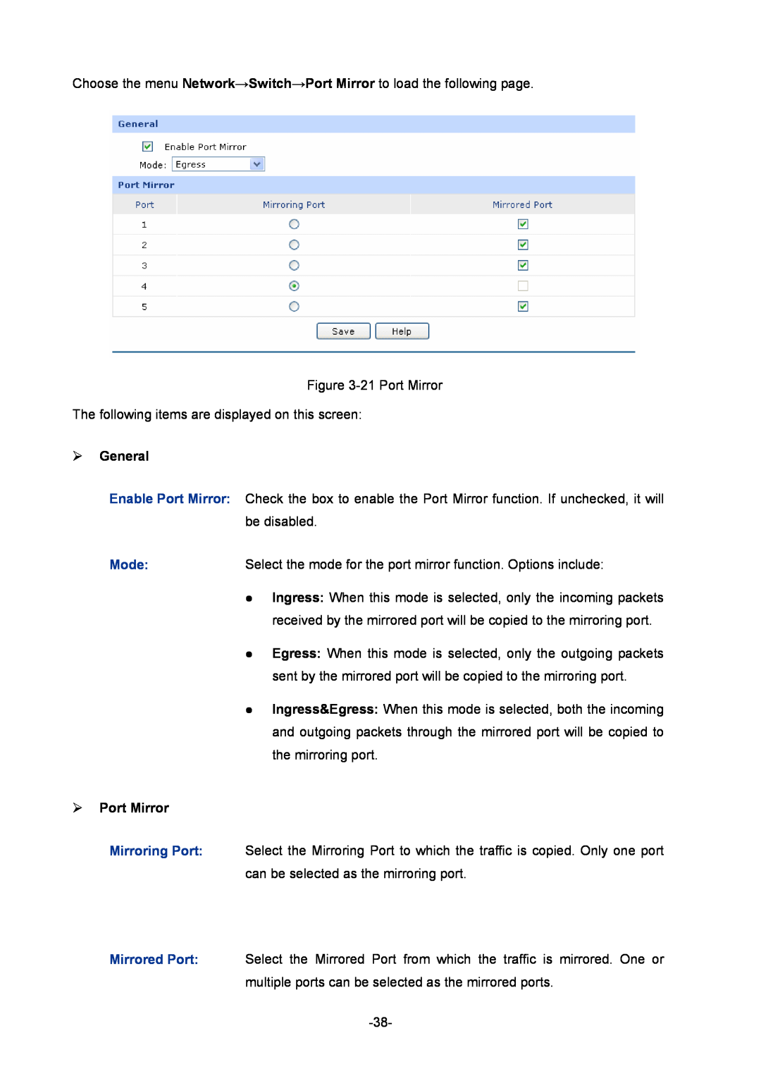 TP-Link TL-ER6020 manual General, Port Mirror, Mode, Mirroring Port 