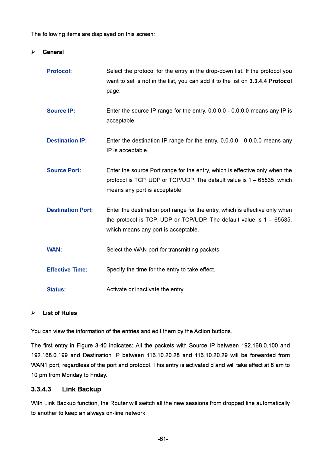 TP-Link TL-ER6020 manual Link Backup,  General,  List of Rules 