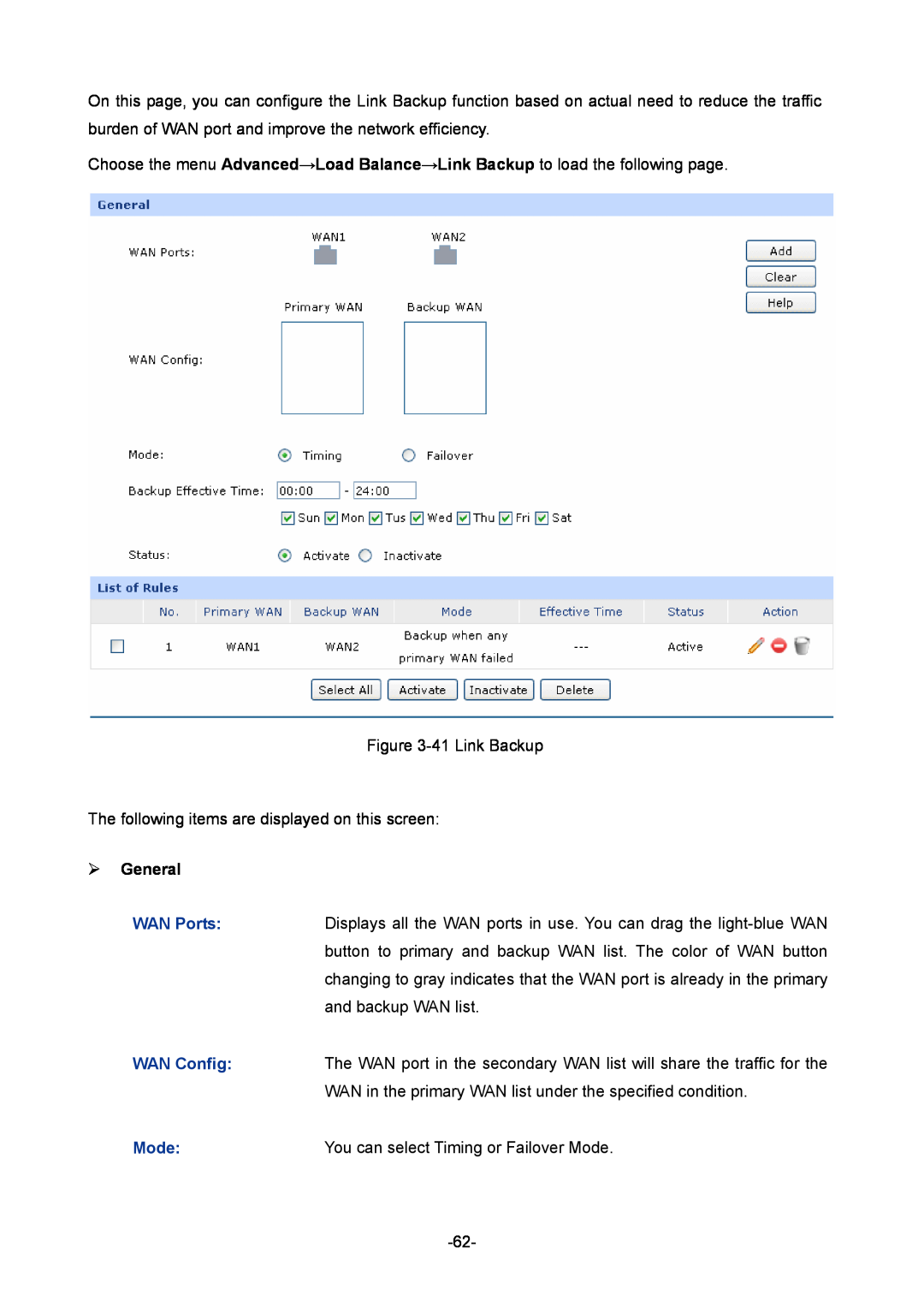 TP-Link TL-ER6020 manual  General, You can select Timing or Failover Mode 