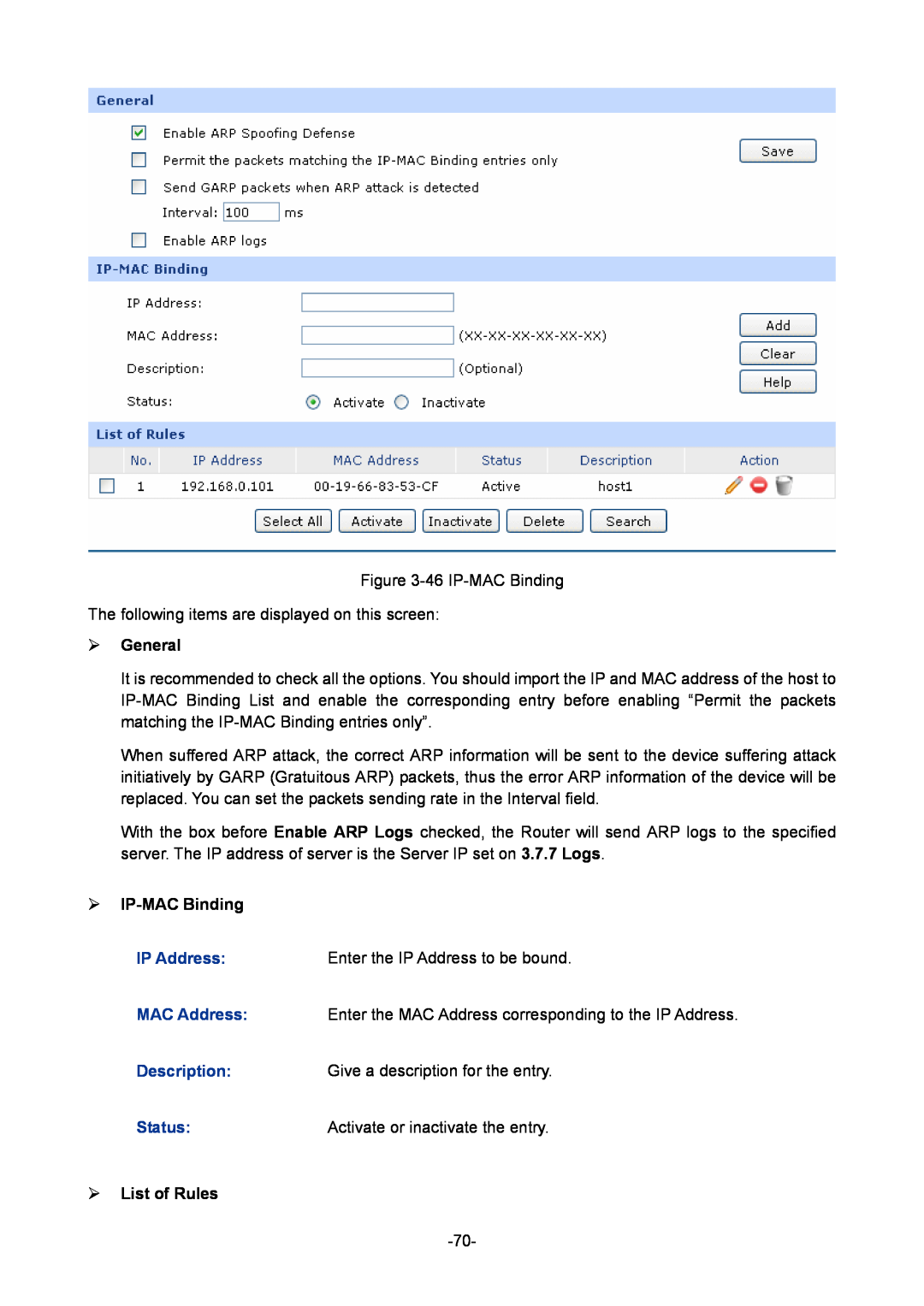 TP-Link TL-ER6020 manual  IP-MAC Binding,  General, IP Address, Status,  List of Rules 