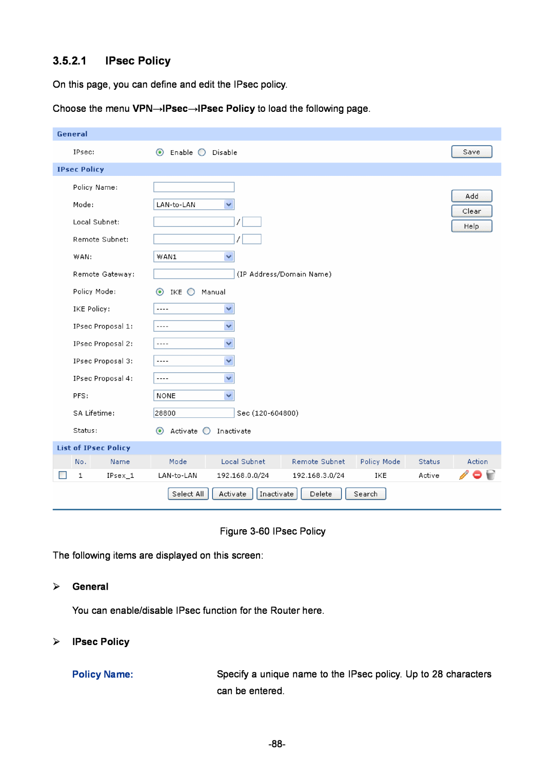 TP-Link TL-ER6020 manual  IPsec Policy,  General, Policy Name, can be entered 