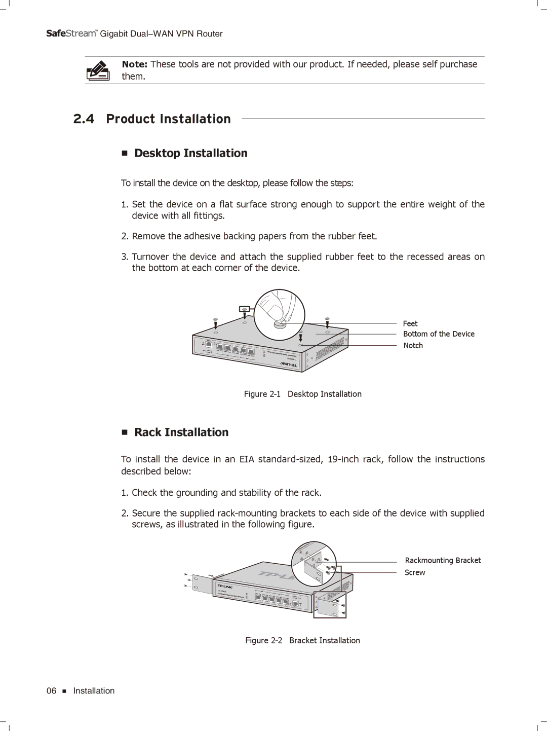 TP-Link TL-ER6020 manual Product Installation, Desktop Installation, Rack Installation 