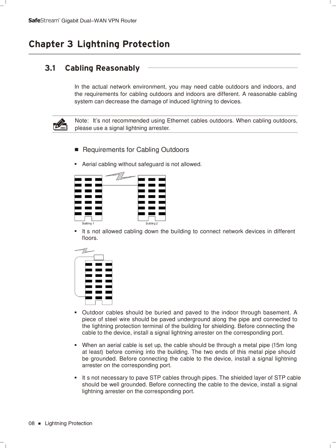 TP-Link TL-ER6020 manual Cccccccccc Lightning Protection, Cabling Reasonably, Requirements for Cabling Outdoors 