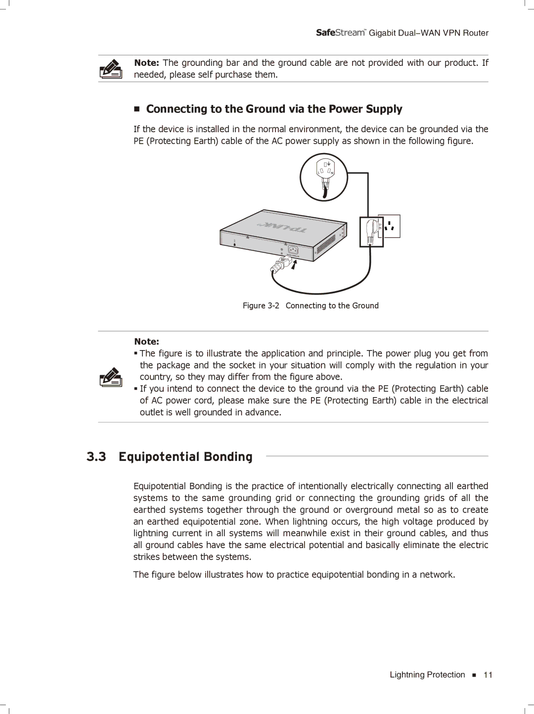 TP-Link TL-ER6020 manual Equipotential Bonding, Connecting to the Ground via the Power Supply 