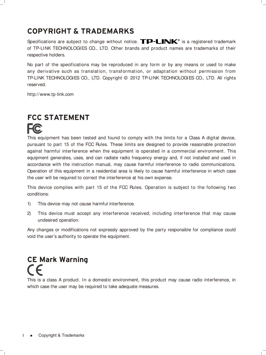 TP-Link TL-ER6020 manual Copyright & Trademarks FCC Statement, CE Mark Warning 