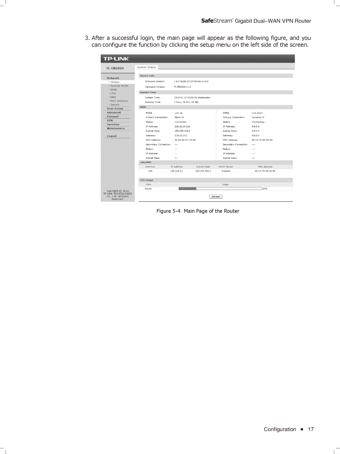 TP-Link TL-ER6020 manual Fffffffffff Main Page of the Router 