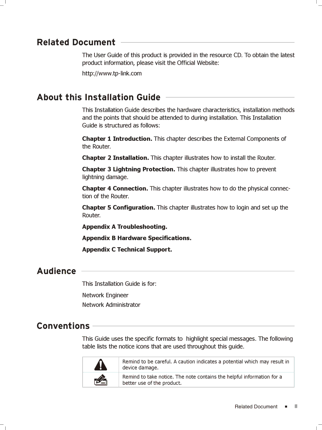 TP-Link TL-ER6020 manual Related Document, About this Installation Guide, Audience, Conventions 